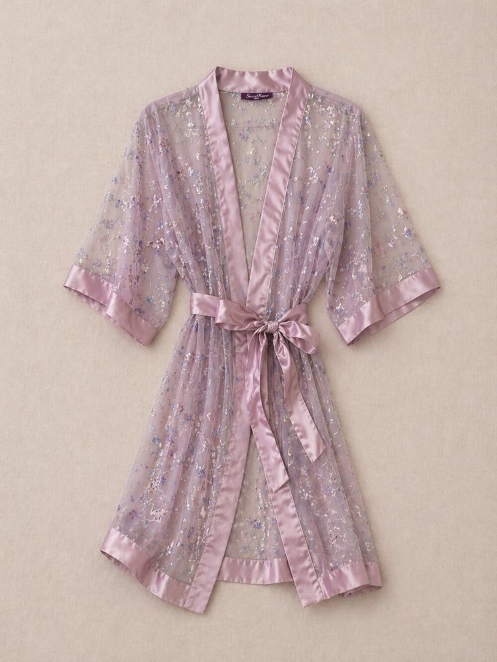 INC International Concepts Robe S Pink Floral Satin Embroidered Kimono Lingerie